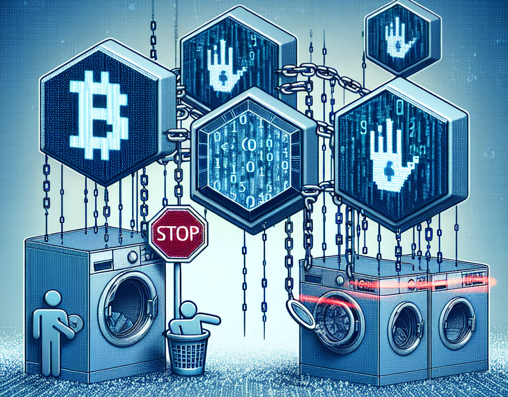 "Illustration depicting blockchain technology enhancing anti-money laundering efforts, showcasing digital ledgers, secure transactions, and data transparency in the fight against financial crime."